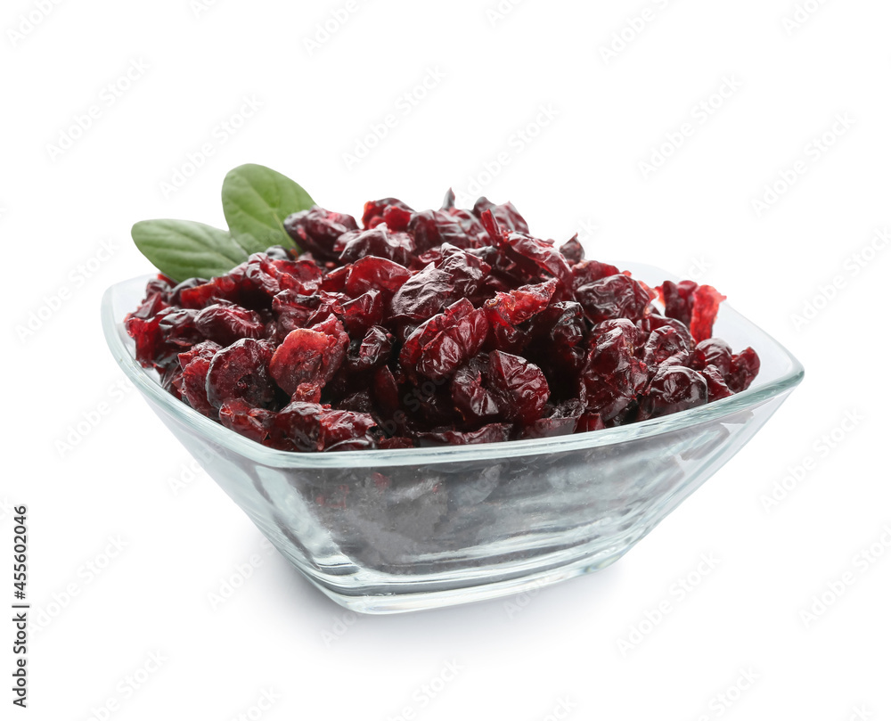 Bowl with tasty dried cranberries on white background Bowl with tasty dried cranberries on white background