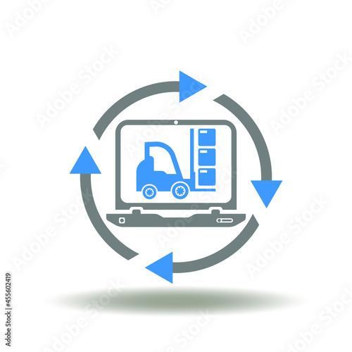 Laptop with forklift and round update arrows vector illustration. Procurement icon.