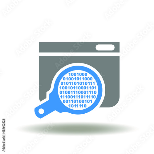 Website and magnifier with digital numbers zero one vector illustration. Meta data analysis icon. Metadata search and processing symbol.