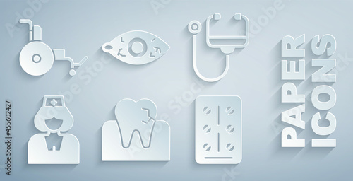 Set Tooth with caries, Stethoscope, Nurse, Pills in blister pack, Reddish eye and Wheelchair icon. Vector