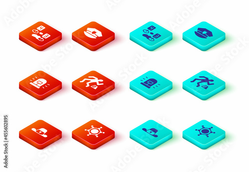 Set Sheriff hat with badge, Hexagram sheriff, Flasher siren, Crime scene, Police cap cockade and Marker of crime icon. Vector