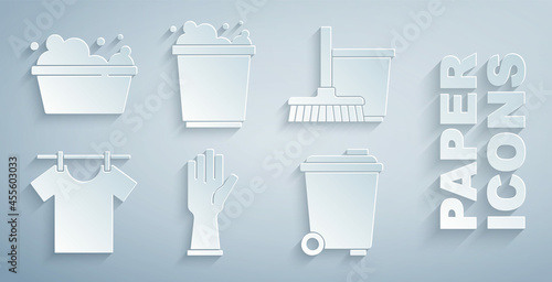 Set Rubber gloves, Mop and bucket, Drying clothes, Trash can, Bucket with foam and Basin soap suds icon. Vector