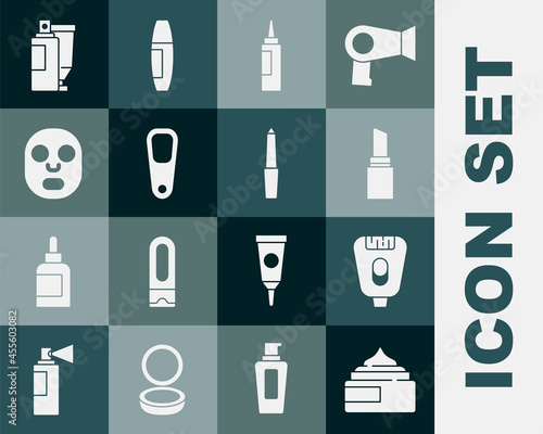 Set Cream or lotion cosmetic tube, Epilator, Lipstick, Pumice for feet, Facial mask, and Nail file icon. Vector