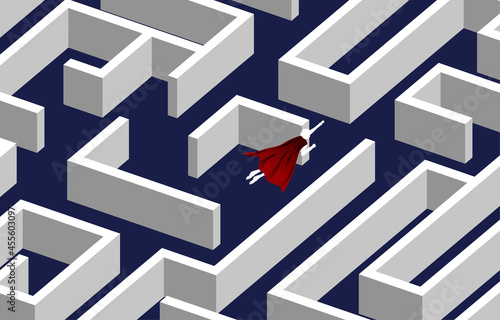 Silhouette of businessman flying over the maze. Business concept for problem solving and finding idea.