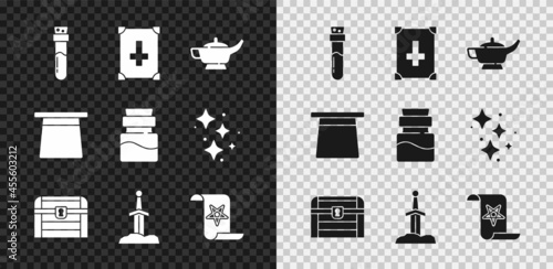Set Bottle with potion, Ancient magic book, Magic lamp or Aladdin, Antique treasure chest, Sword the stone, hat and icon. Vector