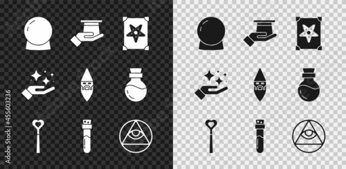 Set Magic ball, Magician hat in hand, Ancient magic book, wand, Bottle with potion, Masons, Sparkle stars trick and Wizard warlock icon. Vector