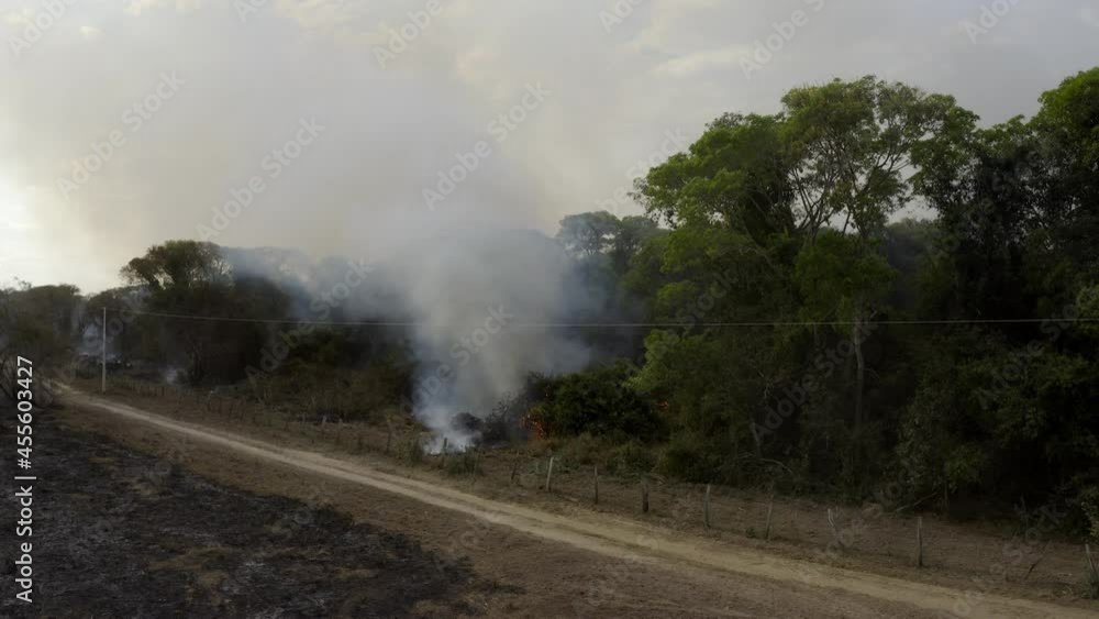 Wildfires burn along the side of a rural dirt road in Brazil. Drone shot, push in.