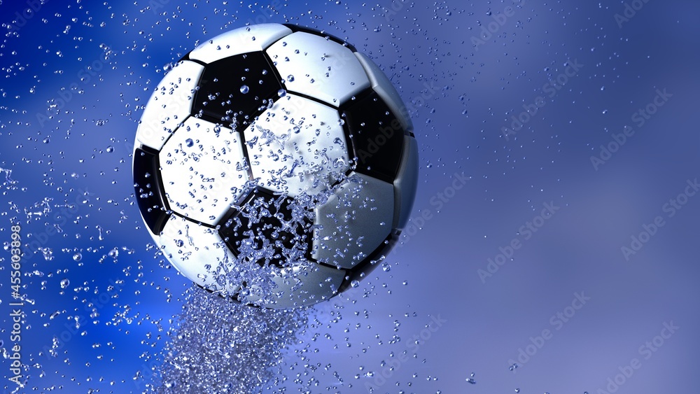 Naklejka premium Soccer Ball with Diamond Water Particles under Blue Sky Lighting Background. 3D illustration. 3D high quality rendering. 3D CG.
