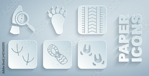 Set Human footprints shoes, Tire track, Dove paw, Wild boar, Bear and Magnifying glass with footsteps icon. Vector