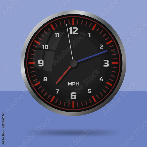 Car speedometer style black wall clock. Isolated monochromatic background. Vector illustration