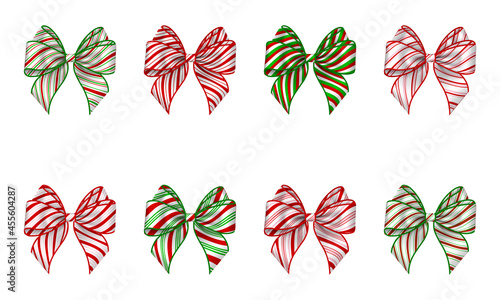 Set of isolated christmas bows with candy cane texture. striped bow for christmas decorations