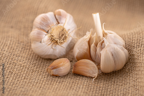 garlic isolated on fabric background.