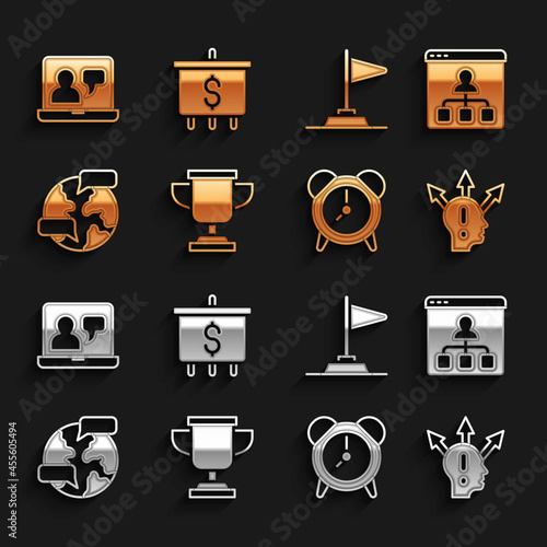 Set Award cup, Online education, Project team base, Alarm clock, Worldwide, Flag, and Target with dollar icon. Vector