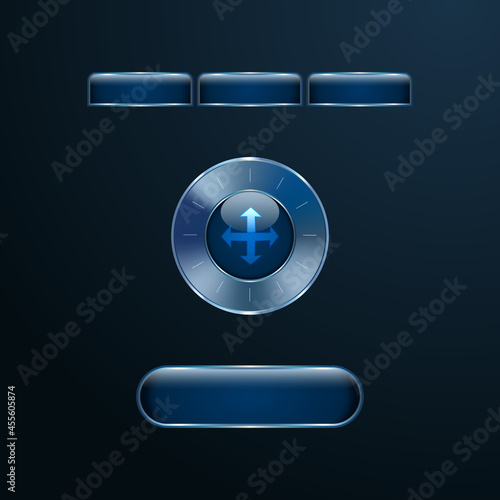 Blue glass futuristic user interface buttons, tabs and round control knob with chrome metallic frames on dark blue background. Vector illustration