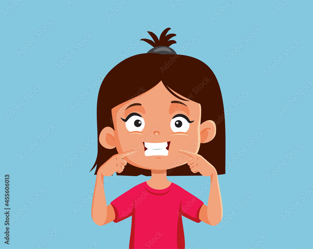Little Girl Pointing to Her Toothy Smile Vector Cartoon Little Girl Pointing to Her Toothy Smile Vector Cartoon