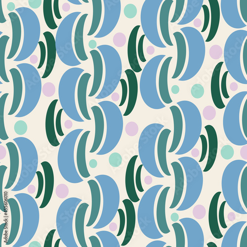 Grey with Blue decorative moon shapes and circles seamless pattern background design.