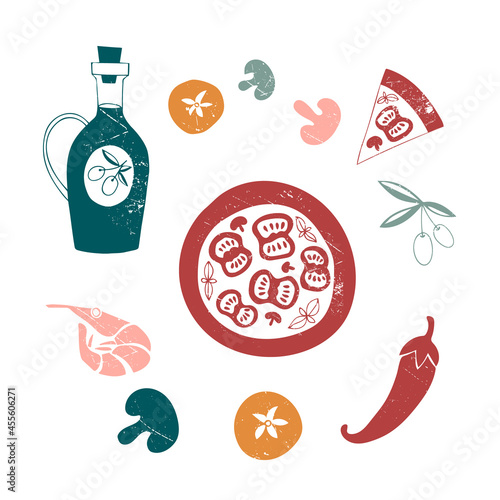 Vector set of pizza ingredients in retro style. Peppers, olives, mushrooms, tomatoes, shrimp, olive oil. Illustration. Hand drawing. Green and orange on a white background. Scuff texture