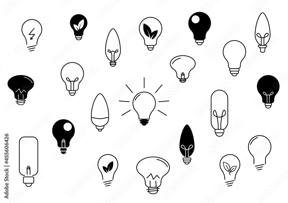 Żarówka - kolekcja 21 ikon do projektów. Kontury żarówek. Wieloznaczny symbol: idea, rozwiązanie, pomysł, radzenie sobie z problemem, geniusz, ekologiczna energia. Koncept lampy, światła. - obrazy, fototapety, plakaty 