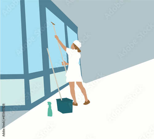 Waitress wear protective mask to prevent from Covid-19 pandemic cleaning windows with rubber squeezer at cafe. Cleaner flat color vector illustration.