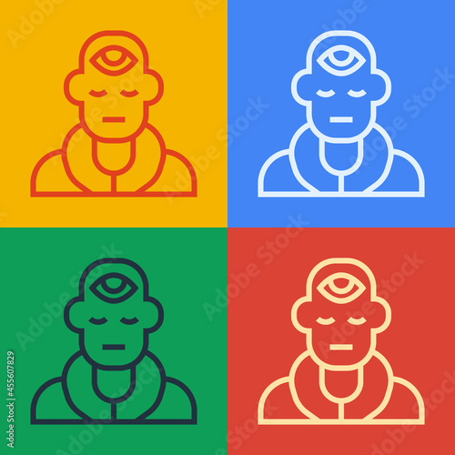 Pop art line Wizard warlock icon isolated on color background. Vector