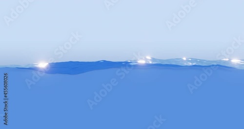 Loopable: Abstract animated background with waves on blue water surface and sun glare.
