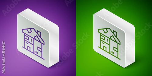 Isometric line Homeless cardboard house icon isolated on purple and green background. Silver square button. Vector