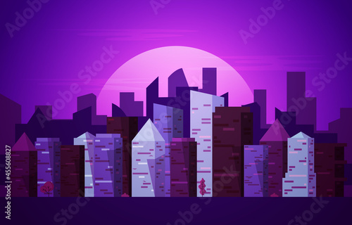 Night City Urban Skyscraper Building Cityscape View Flat Design Illustration