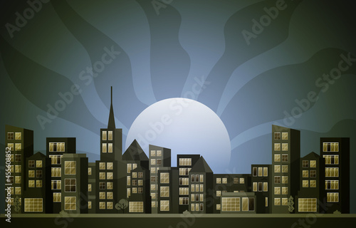 Night City Urban Skyscraper Building Cityscape View Flat Design Illustration