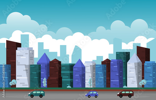 Traffic City Urban Skyscraper Building Cityscape View Flat Design Illustration