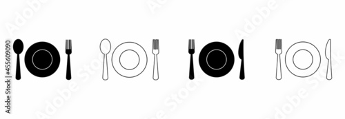 cutlery icon set, plate, knife, spoon and fork icon set vector sign symbol
