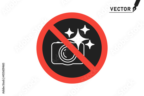 The ban on photo-fixing, flash, video shooting is prohibited. Stop photos and videos, paparazzi. Vector red forbidding sign. Icon. A sticker.