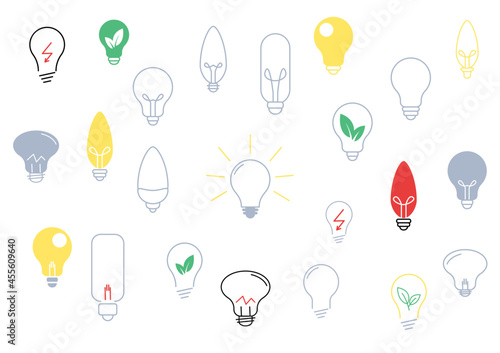Żarówka - kolekcja kolorowych ikon do projektów. Kontury żarówek. Wieloznaczny symbol: idea, rozwiązanie, pomysł, radzenie sobie z problemem, geniusz, ekologiczna energia. Koncept lampy, światła..