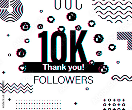 Thank you 10 000 followers numbers. Glitch style banner. Congratulating multicolored thanks image for net friends likes. Vector illustration.