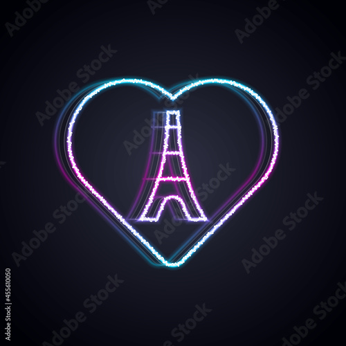 Glowing neon line Eiffel tower with heart icon isolated on black background. France Paris landmark symbol. Vector