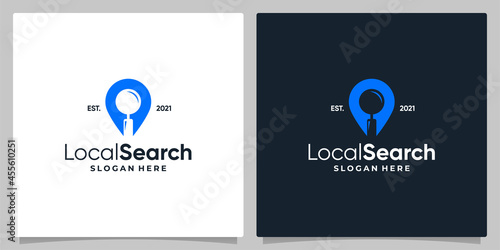 Map pin location symbol with logo a magnifying glass and business card design.