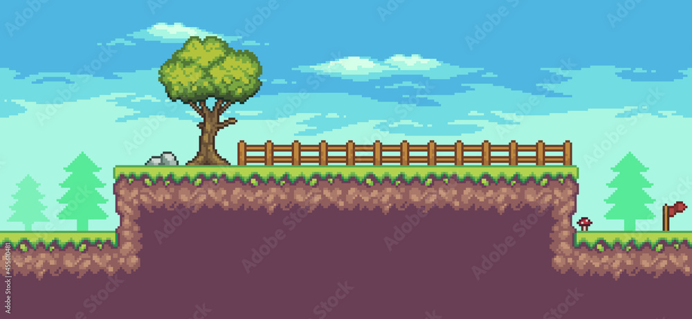 Pixel art arcade game scene with trees, fence, flag, and clouds 8bit background