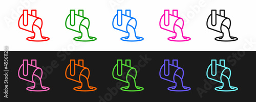 Set line Molten gold being poured icon isolated on black and white background. Molten metal poured from ladle. Vector