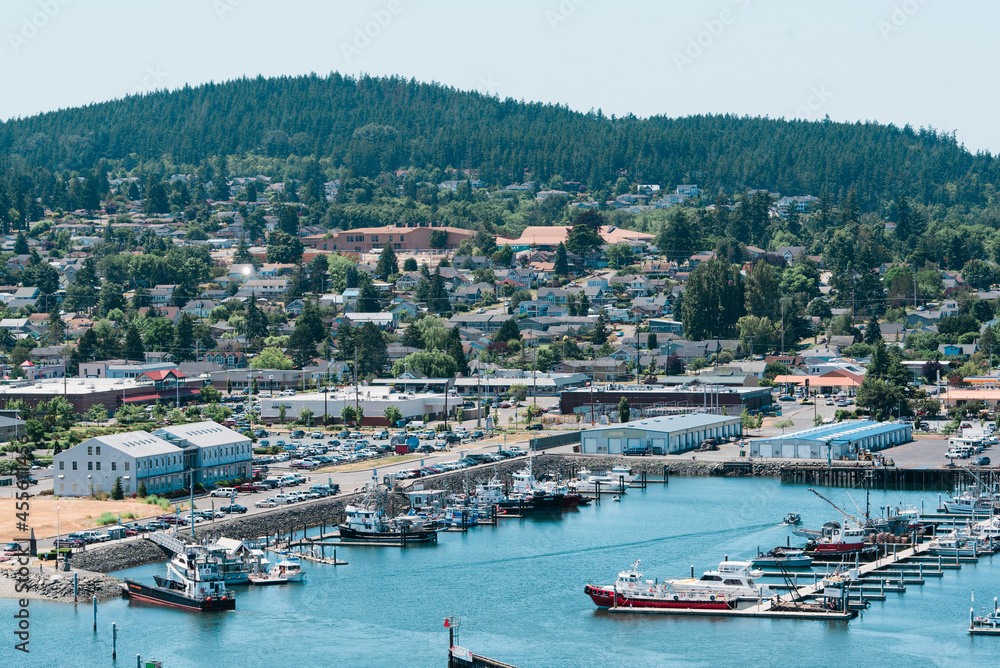overhead view of a marina in the bay with town in the background.