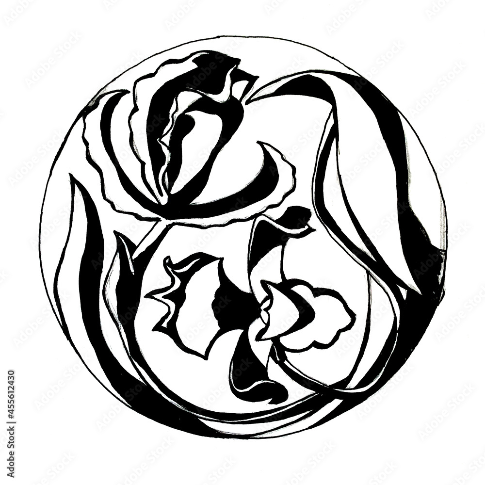 Hand drawn ink illustration of flowers in the shape of circle. Beautiful black and white drawing of the plant Hand drawn ink illustration of flowers in the shape of circle. Beautiful black and white drawing of the plant