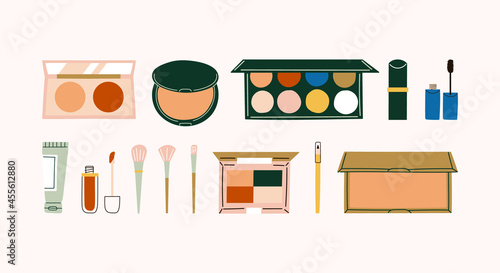 Hand drawn cosmetics and makeup brushes. Bronzer, blush, compact powder, eyeshadow palette, lipstick, mascara, tube, lip cream and eye pencil.