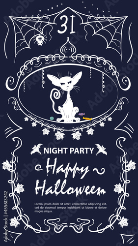 Vintage label invitation for Halloween angry cat in a frame