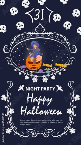 Vintage label invitation for Halloween a witch sits on a pumpkin in a frame