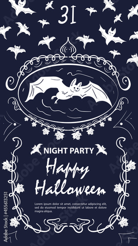 Vintage label invitation for Halloween bats in a frame