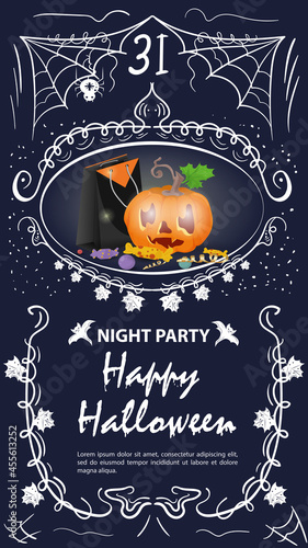 Vintage label invitation for Halloween pumpkin with candy in a frame