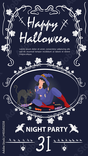 Vintage label invitation for Halloween witch with a cat in a frame