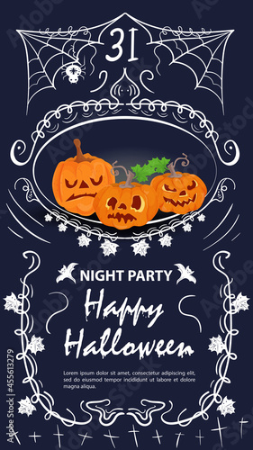 Vintage label invitation for the Halloween holiday three pumpkins in a frame