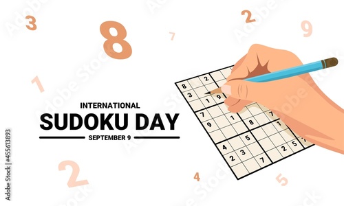Vector illustration, hand filling the sudoku game column, as a banner, poster or template, international sudoku day.