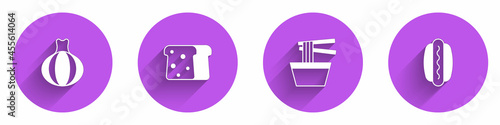 Set Onion, Bread toast, Asian noodles in bowl and Hotdog icon with long shadow. Vector