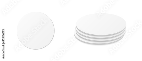 Circle beer coaster. Empty white mockup. Pprotection coaster for beer glasses, tea cups isolated on white background. Branding template vector illustration.