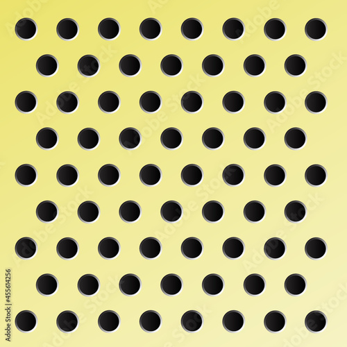 Peg board with round holes. Yellow peg board perforated texture background for working bench tools. Vector illustration.